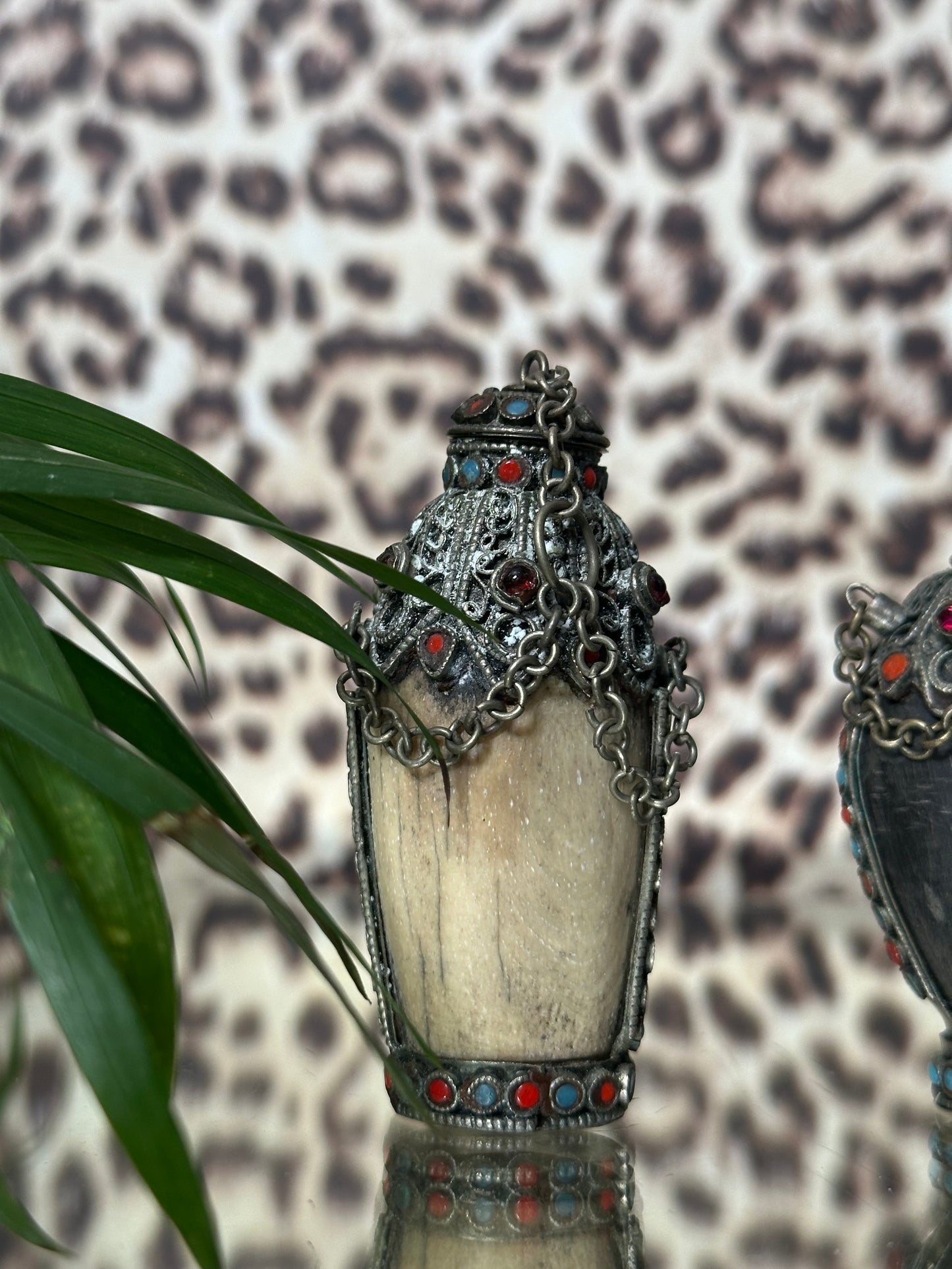 Pair of Stone Embellished Bone Snuff Bottles