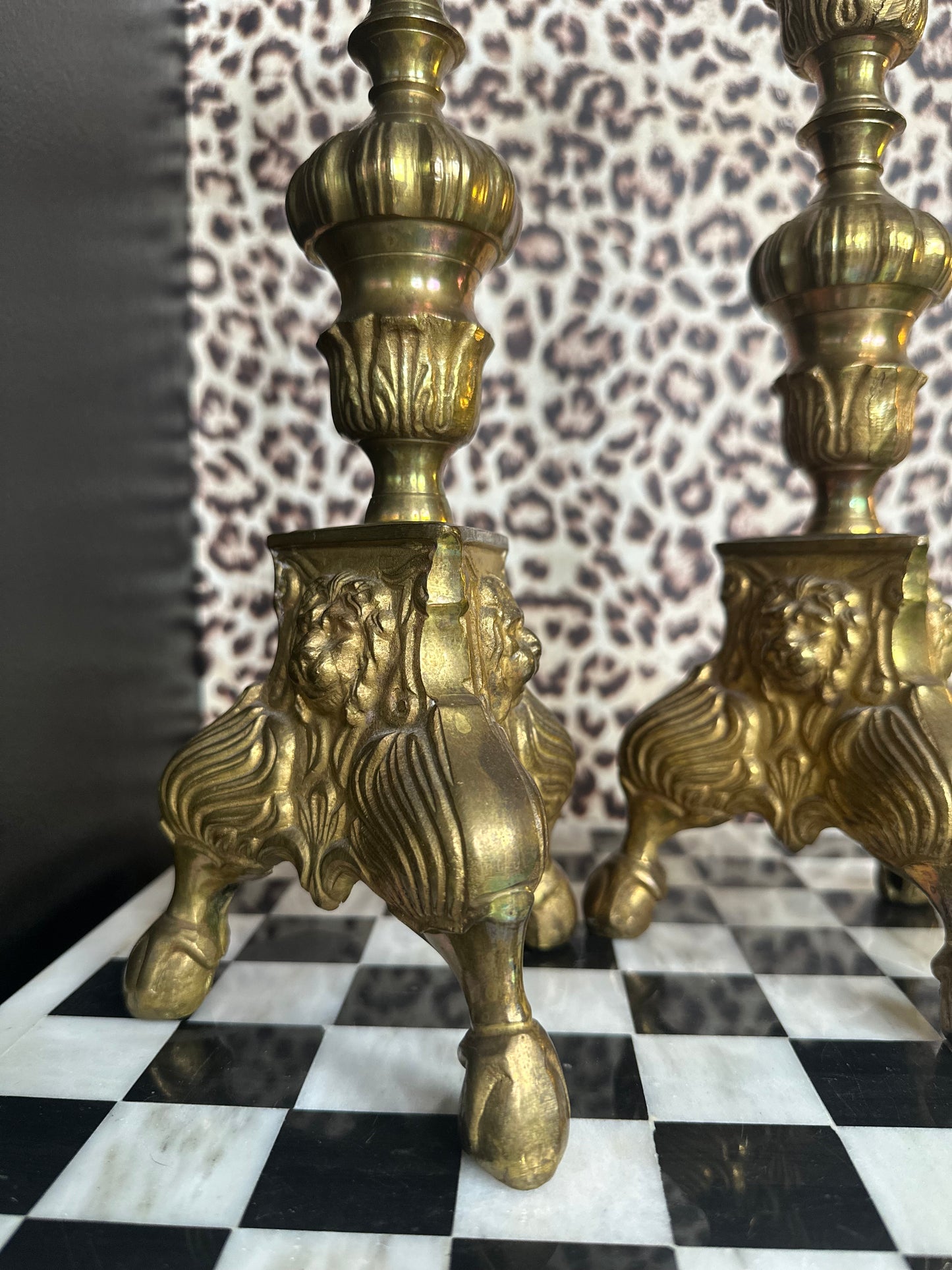 17” Tall Brass Lion Candlesticks – Regal Pair