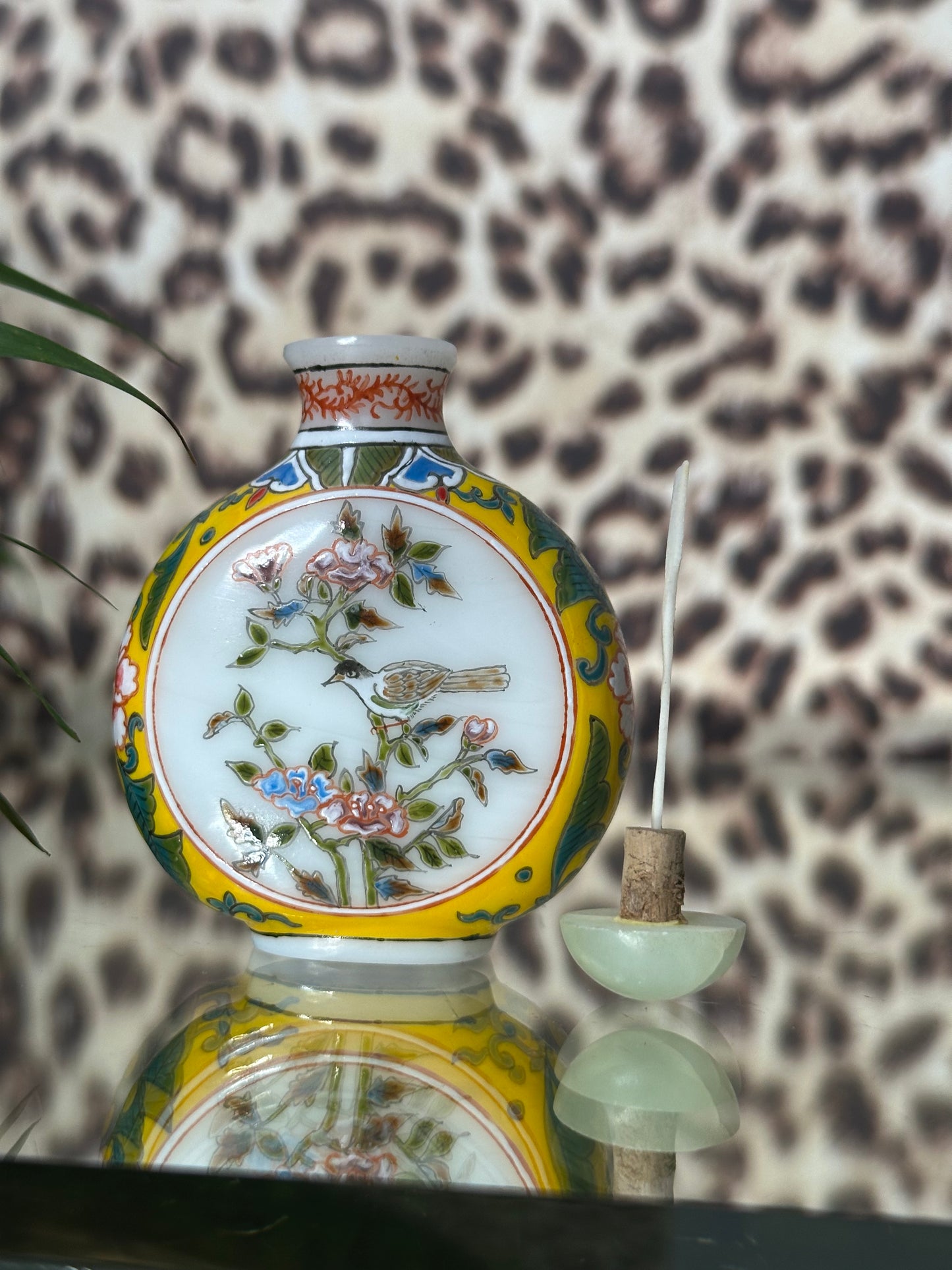Rose Canton Snuff Bottle – Yellow Floral & Bird Detail, Lid Glued