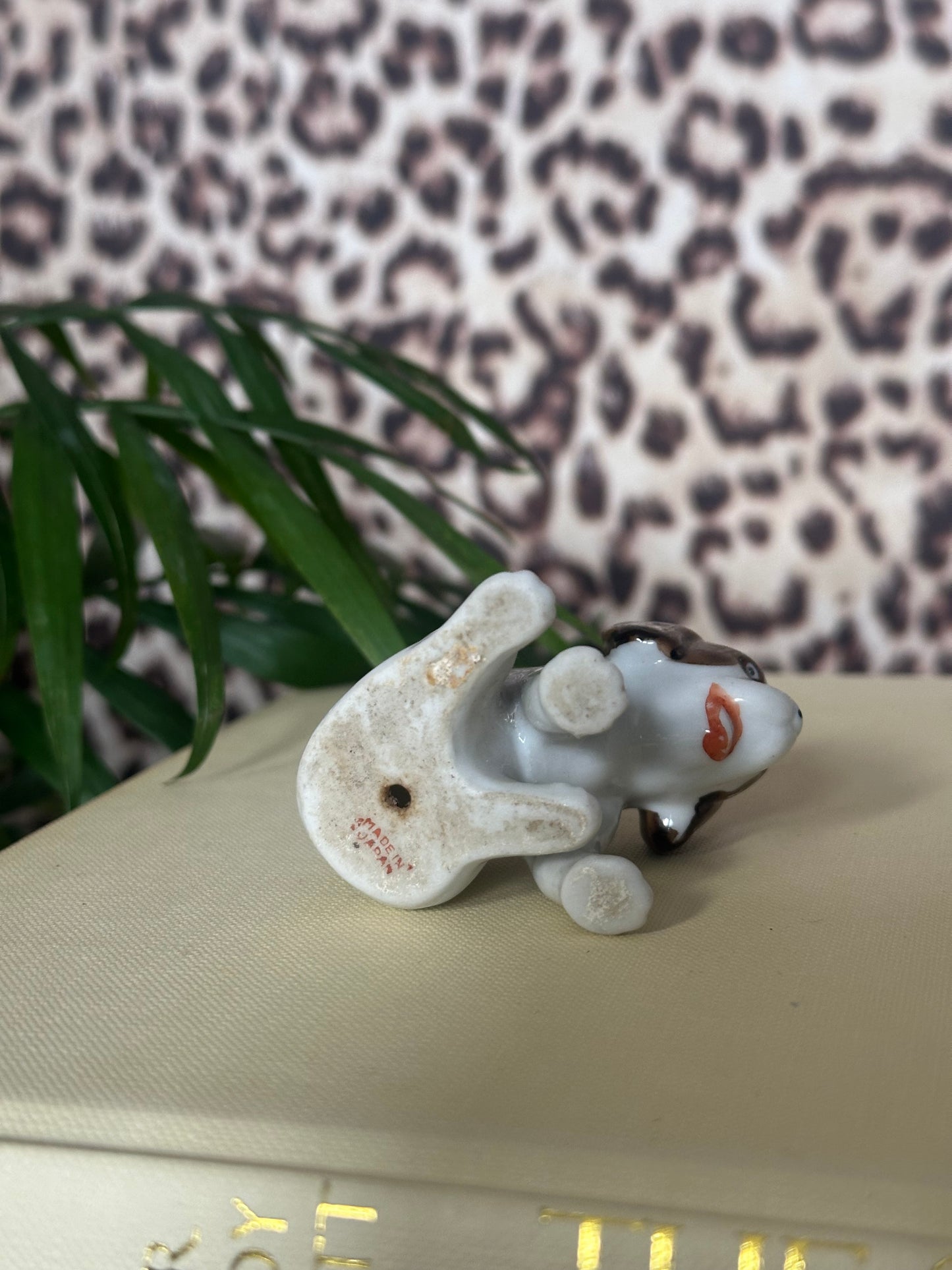 White and Brown Mini Porcelain Puppy - Made in Japan