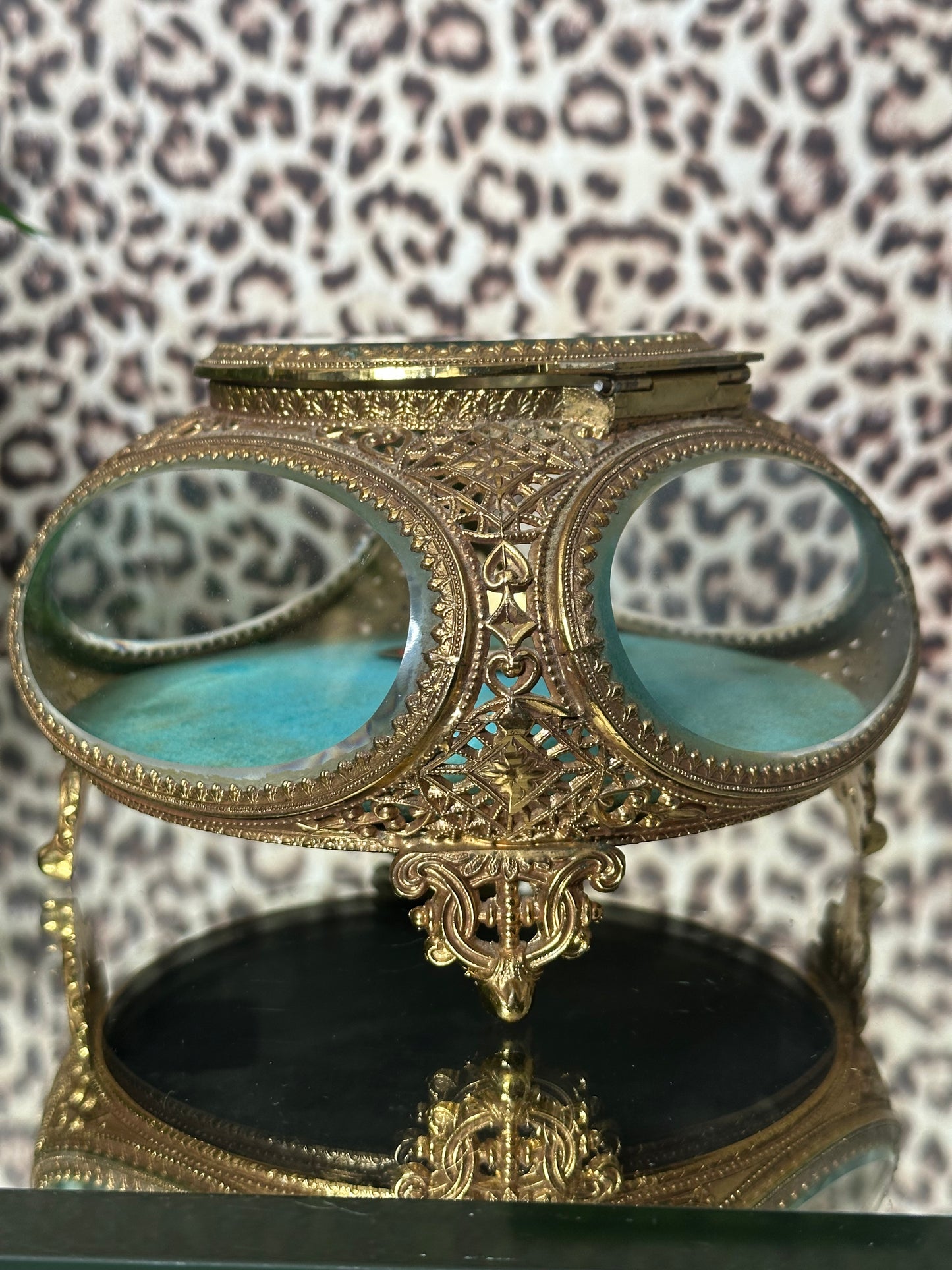 Gold Filagree Jewelry Box with Blue Lining
