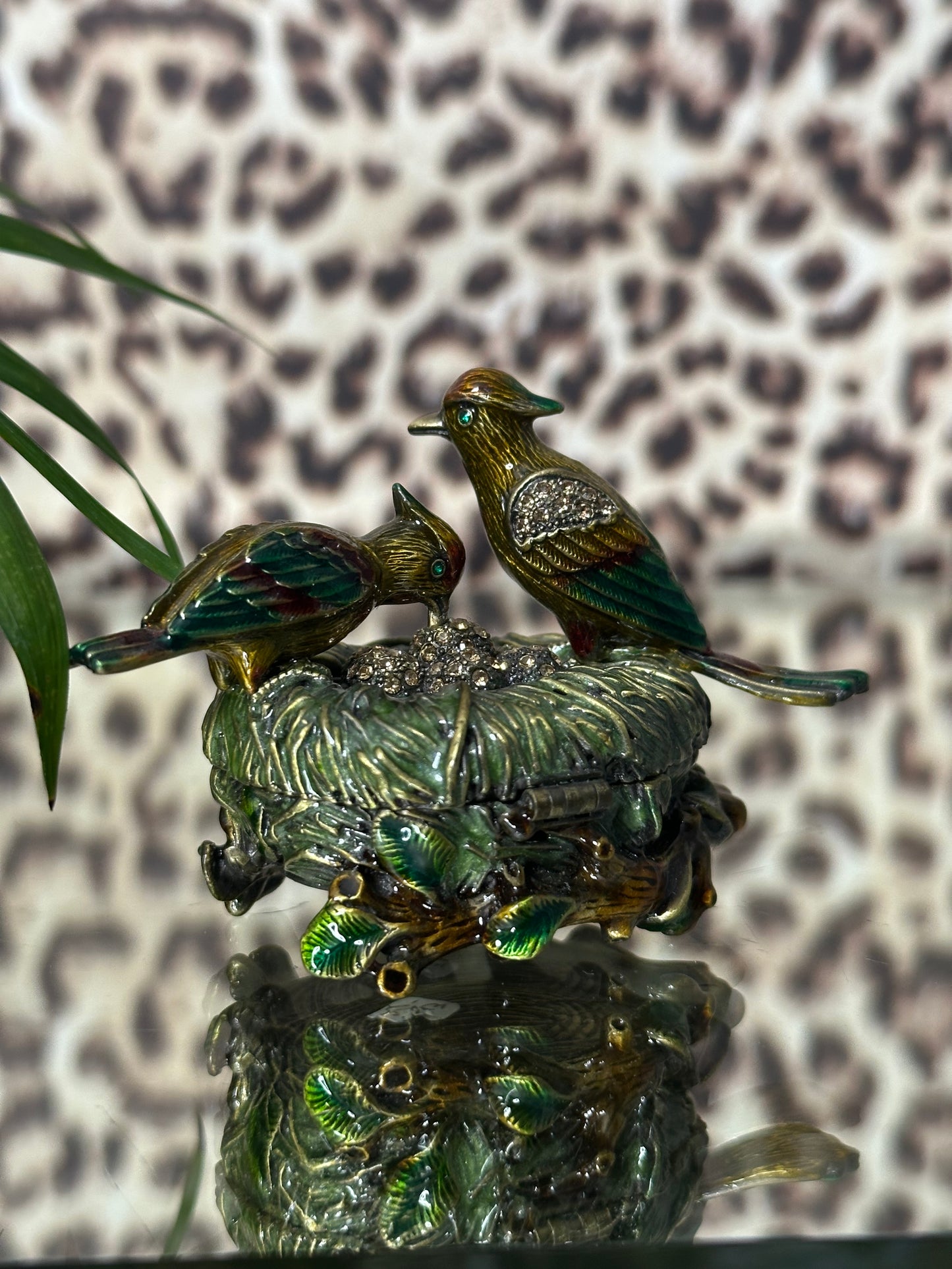Dark Green Birds on Nest Trinket Dish with Adornments