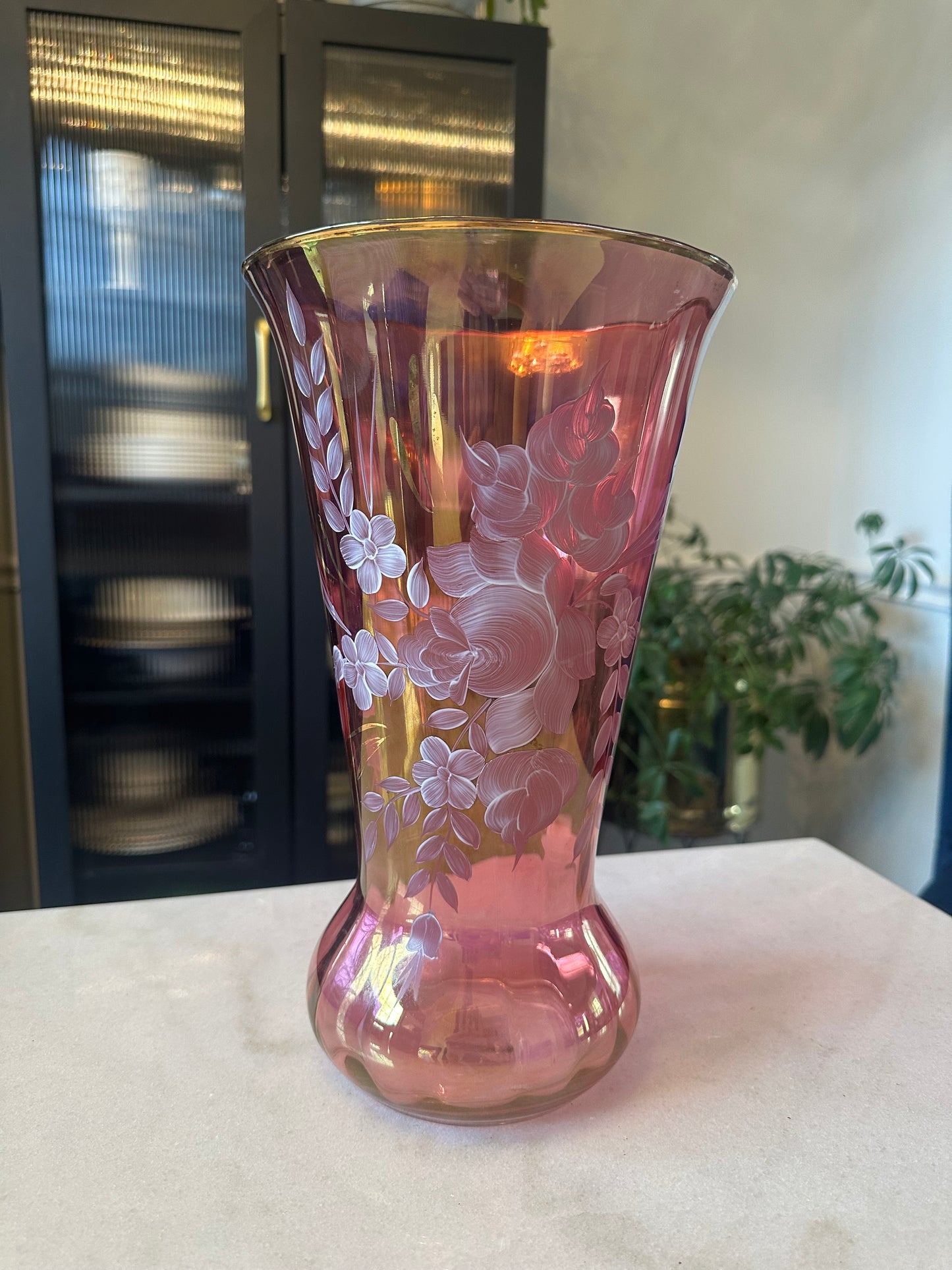Cranberry Pink Iridescent Glass Vase with Gold Gilt