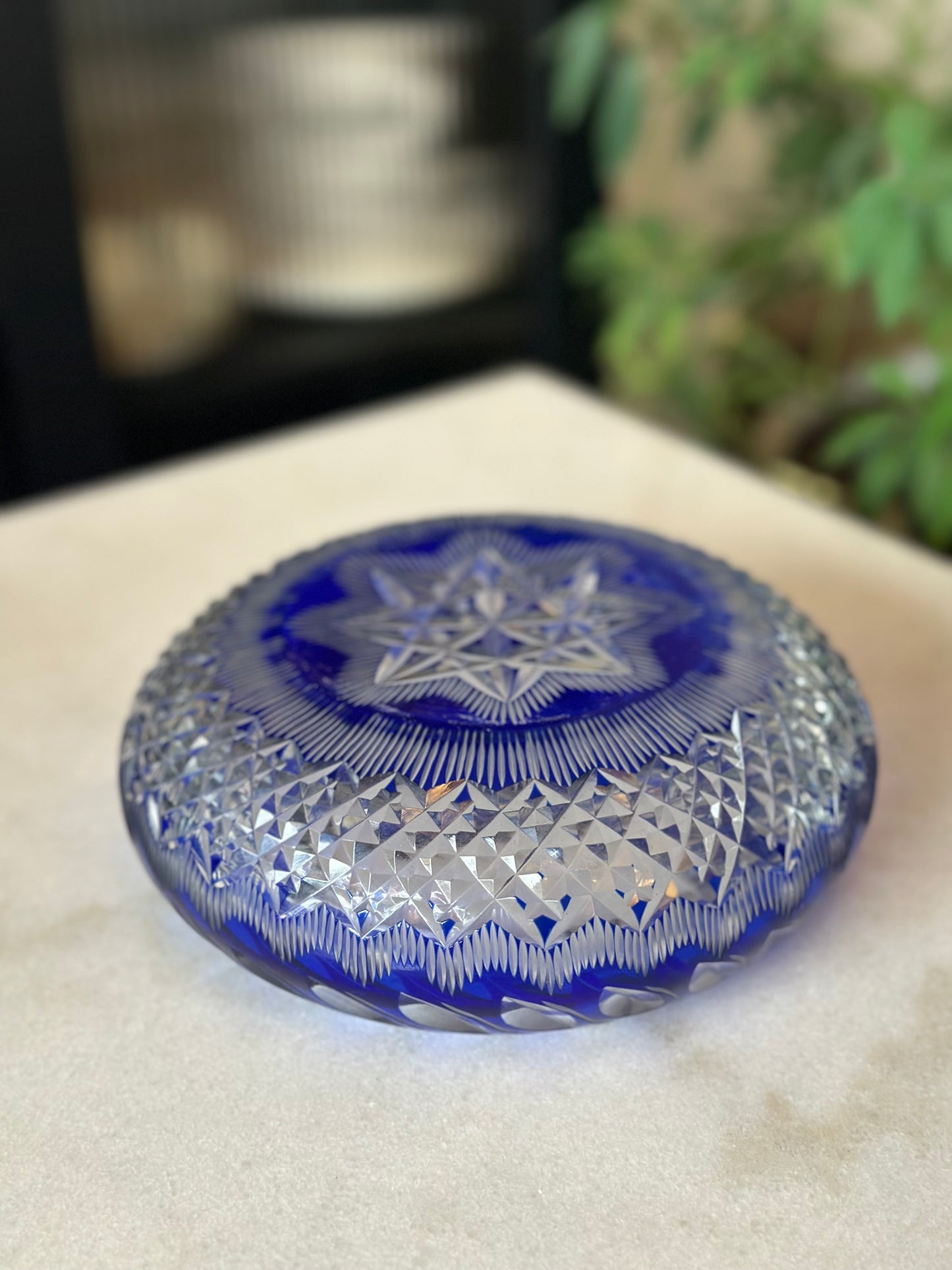 Vintage Cobalt Blue Cut Crystal Ashtray