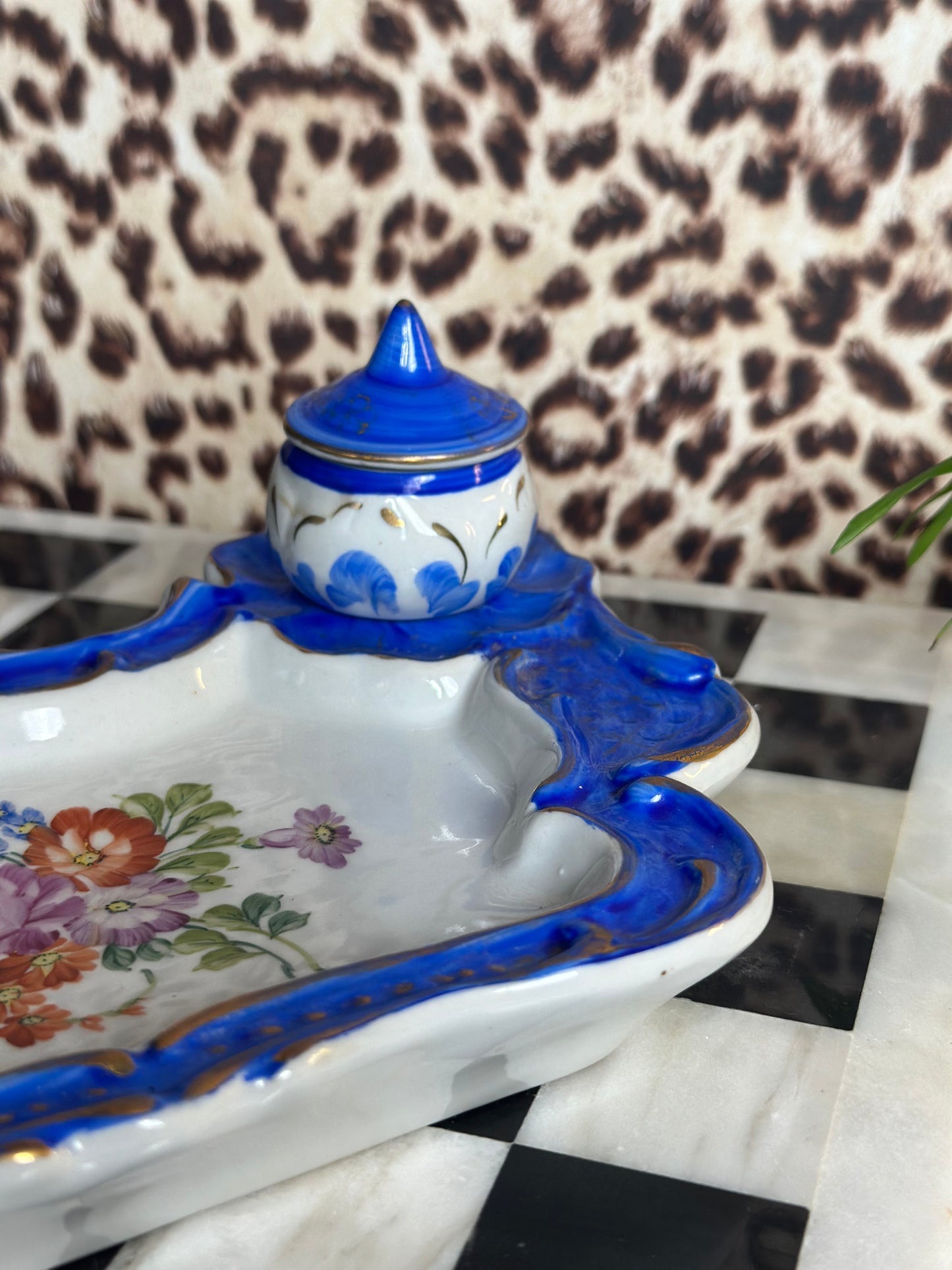 Antique Limoges Hand-Painted Cobalt & Gold Gilt Double Inkwell