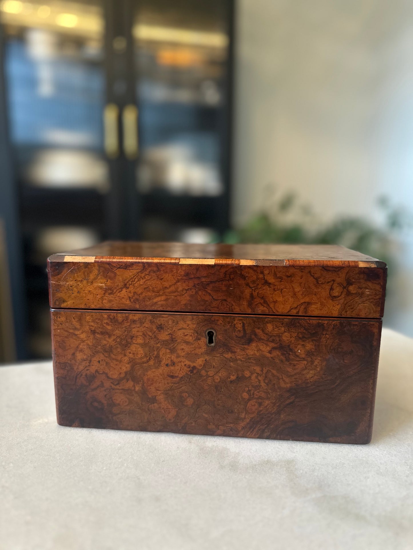 18th Century Burl Walnut Double Tea Caddy with Key