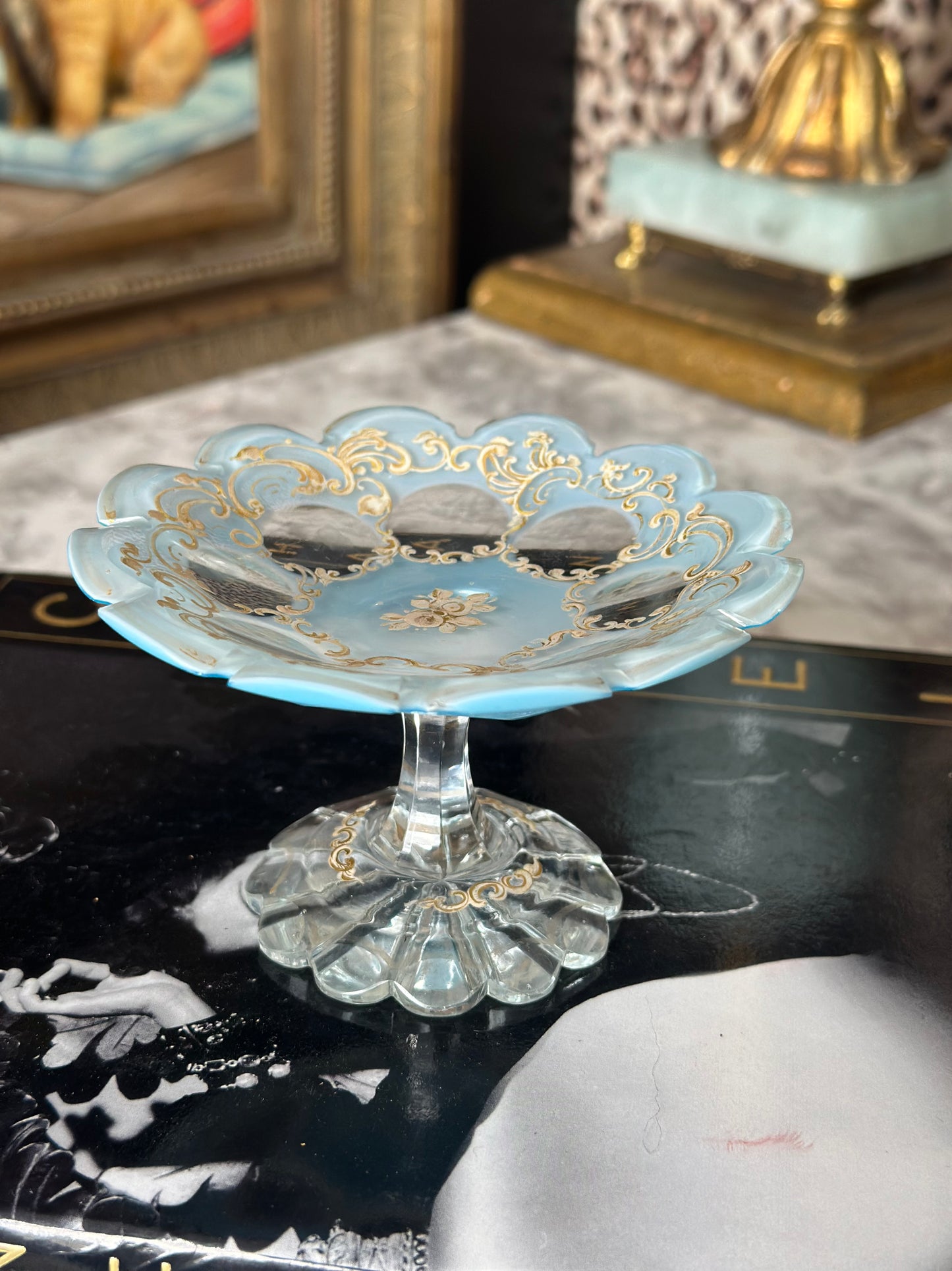 Light Blue Crystal Mini Compote with Gold Detail * disclaimer chips
