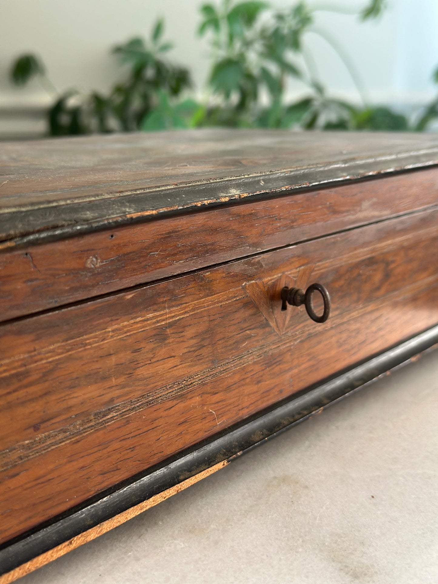 Antique Wooden Monogrammed Box with Working Lock & Key