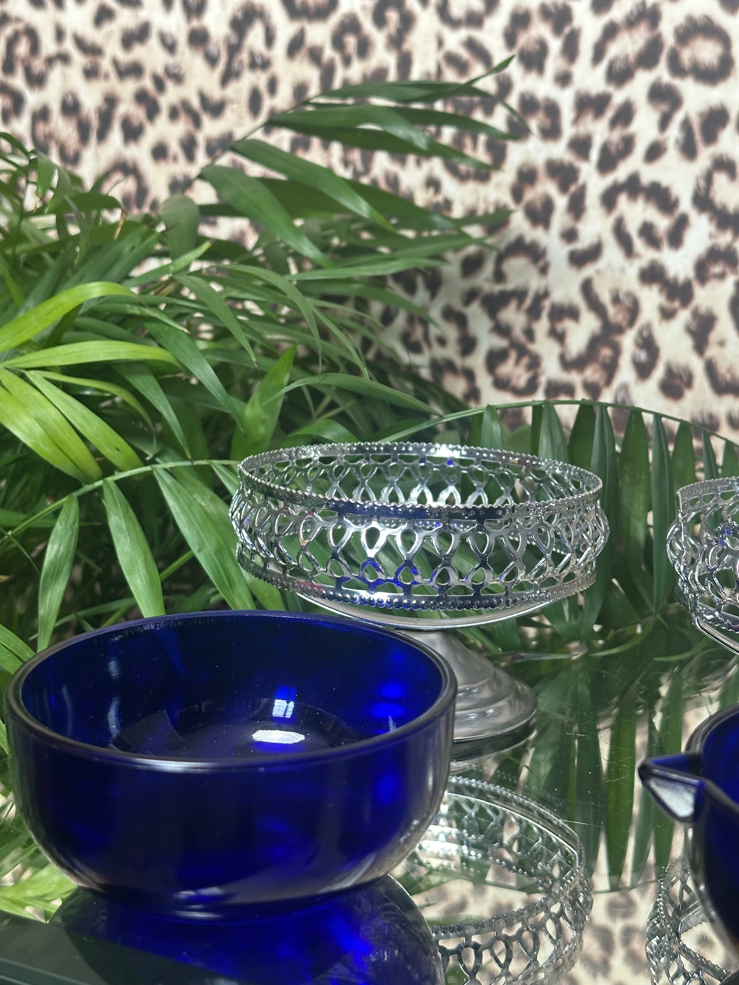 Brama Silverplate Caged Sugar & Creamer Set – Cobalt Blue Glass, Made in England