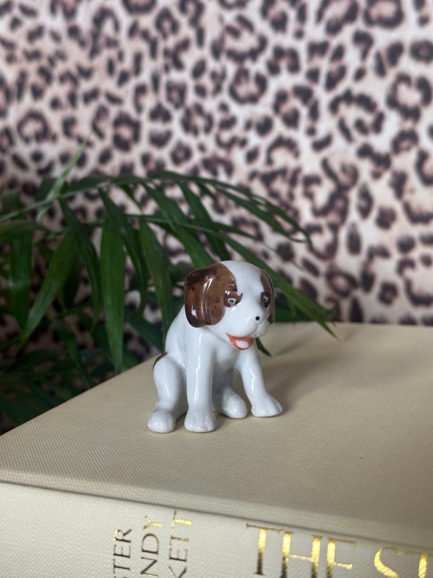 White and Brown Mini Porcelain Puppy - Made in Japan
