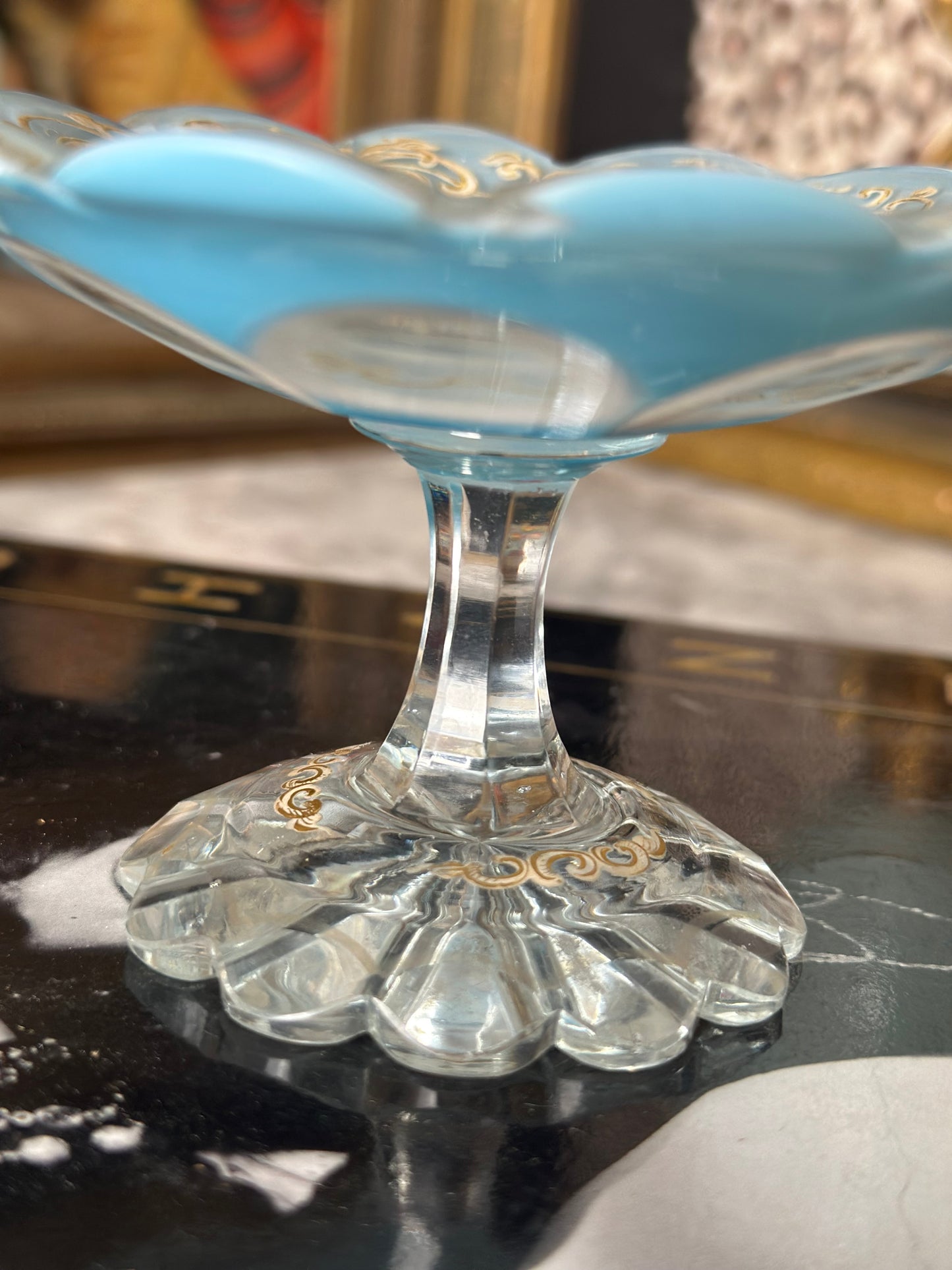 Light Blue Crystal Mini Compote with Gold Detail * disclaimer chips