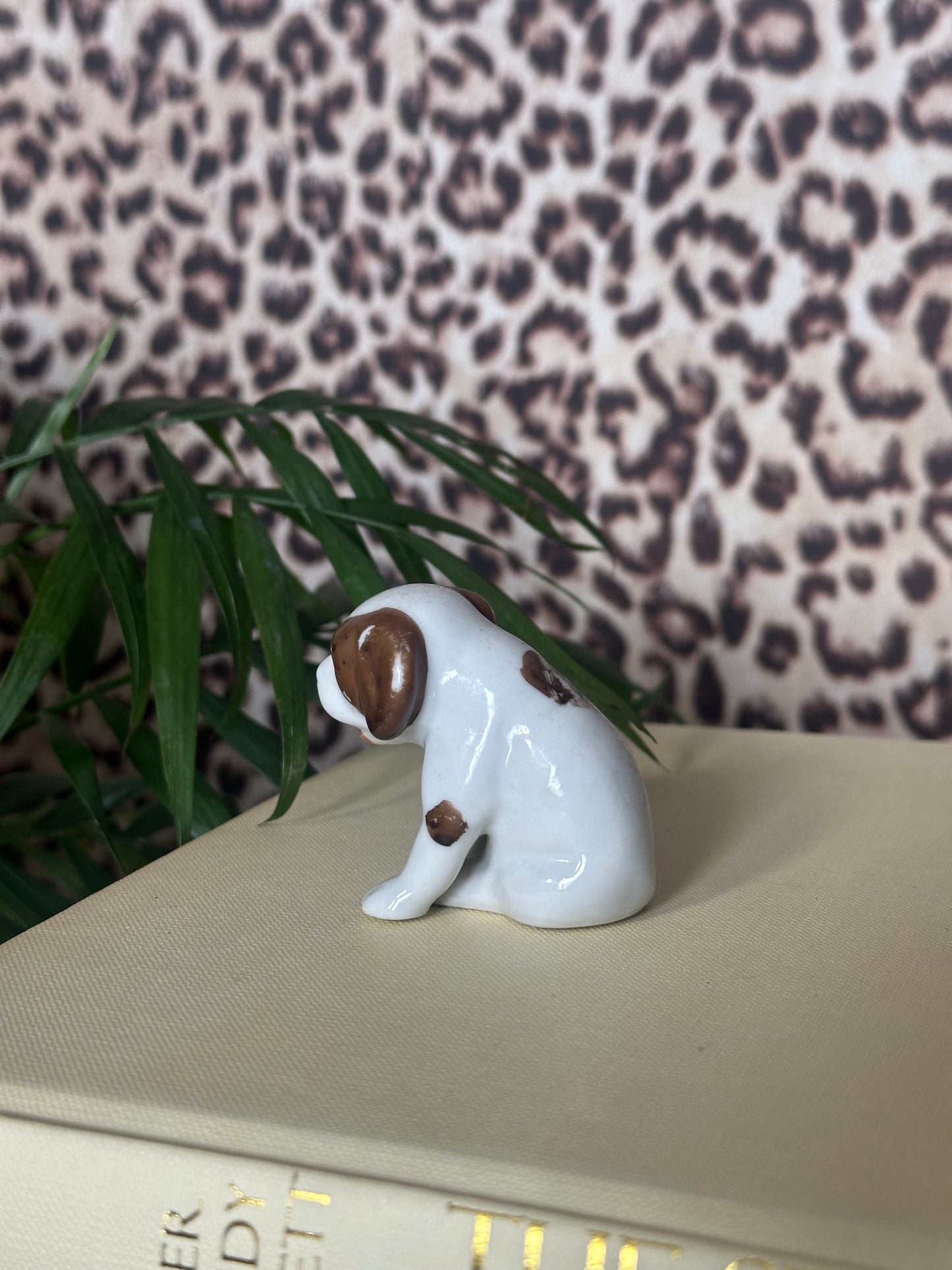 White and Brown Mini Porcelain Puppy - Made in Japan