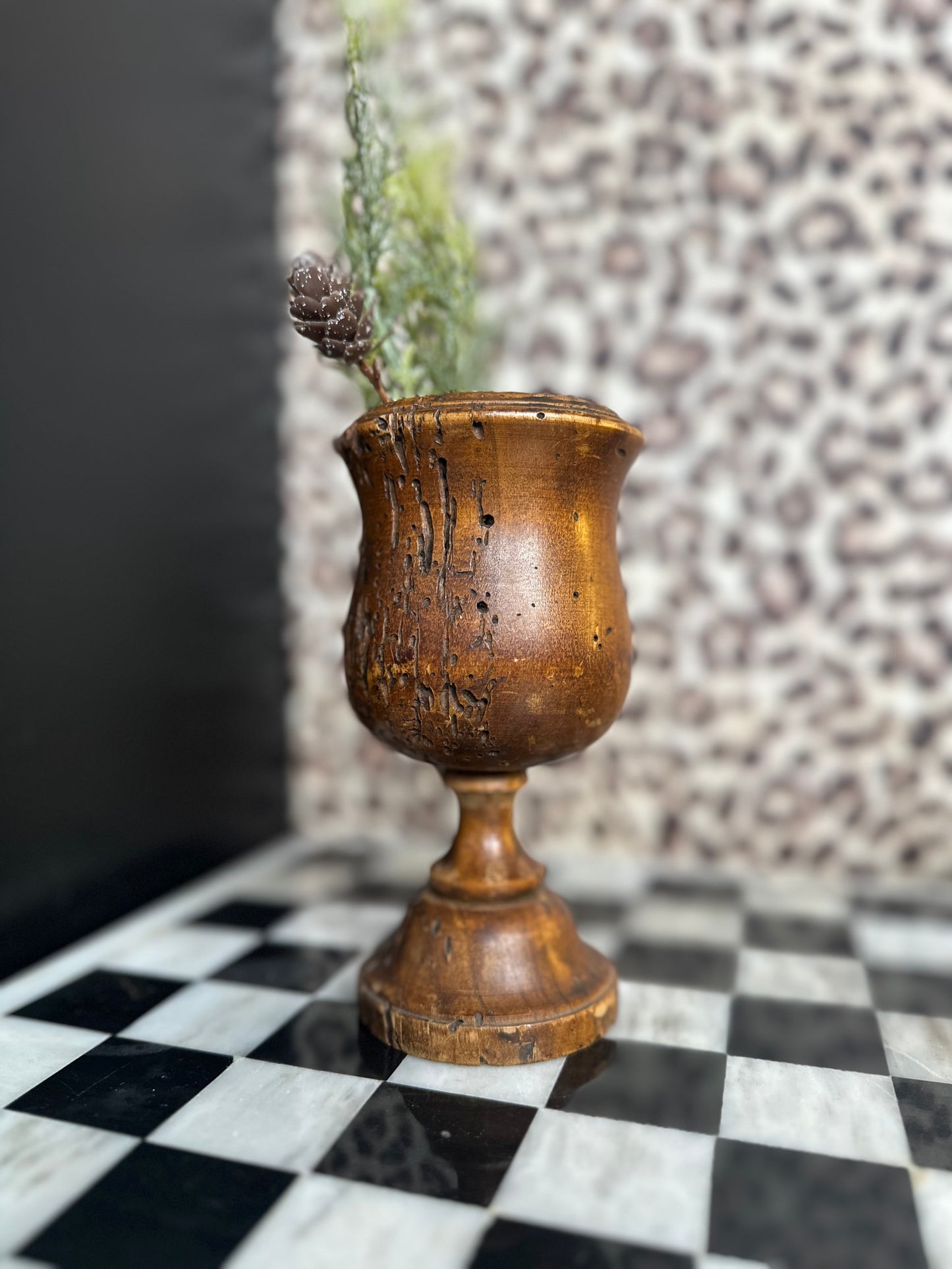 Italian Turned Wood Mortar/Chalice – Aged Patina & Insect Wear