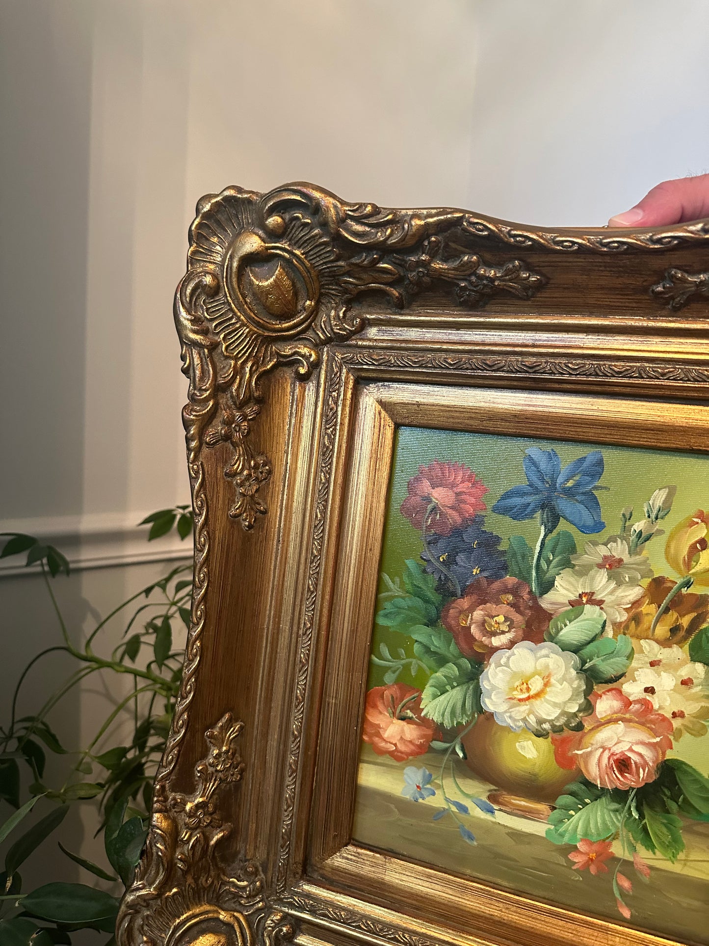 Vintage Floral Painting on Board in Gold Gilt Frame
