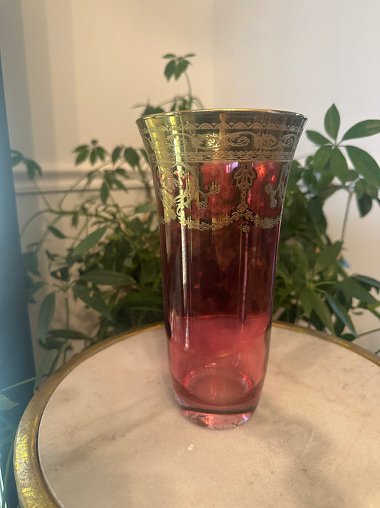 Cranberry Bohemian Glass Vase with Hand-Applied Gold Scrollwork