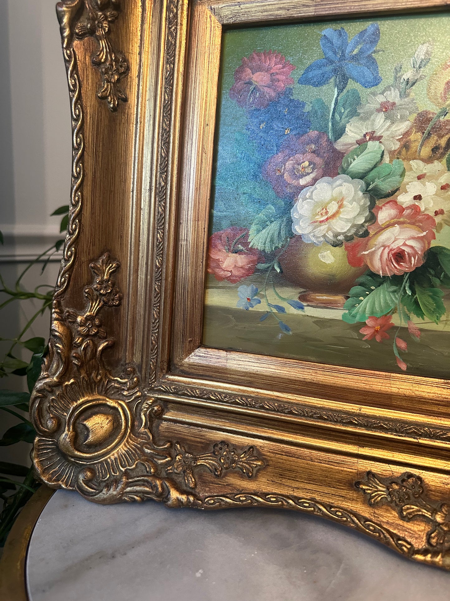 Vintage Floral Painting on Board in Gold Gilt Frame