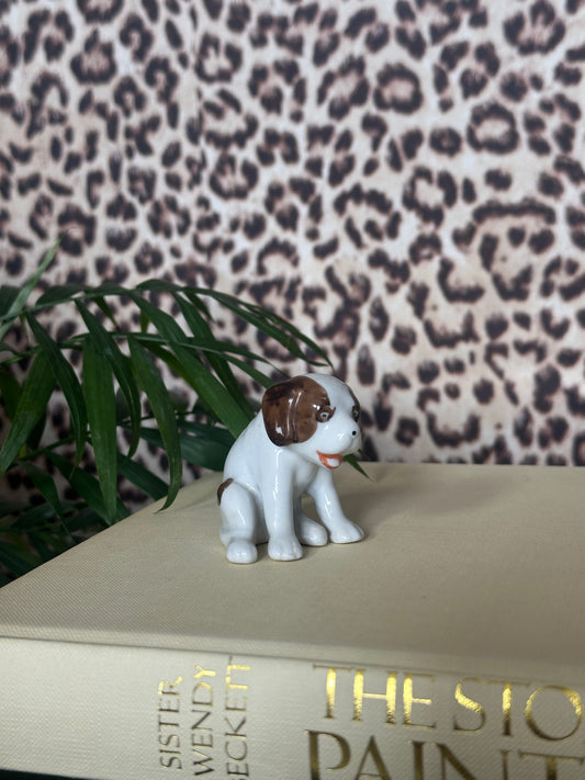 White and Brown Mini Porcelain Puppy - Made in Japan