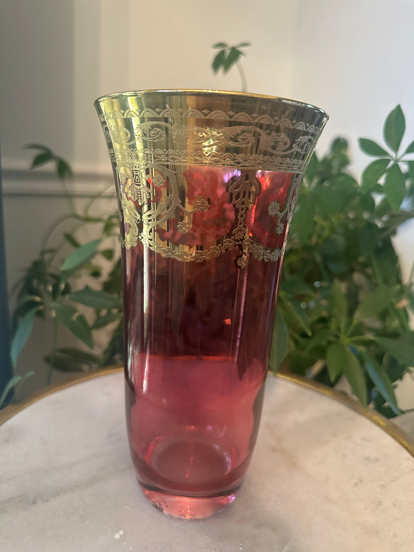 Cranberry Bohemian Glass Vase with Hand-Applied Gold Scrollwork