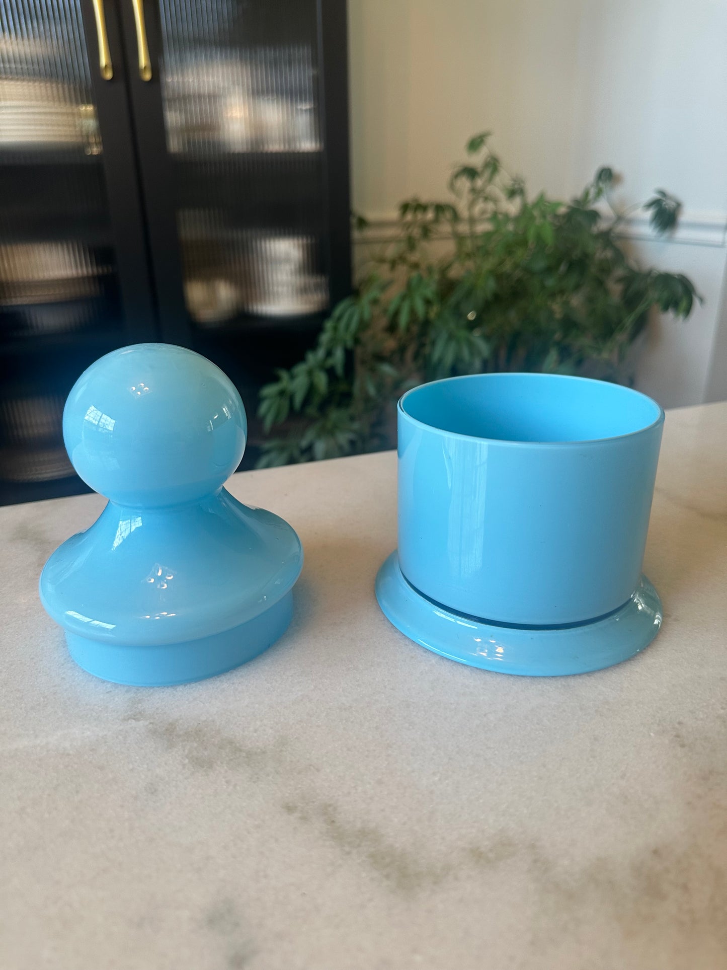 Chunky French Blue Opaline Lidded Dish, 7 Inches