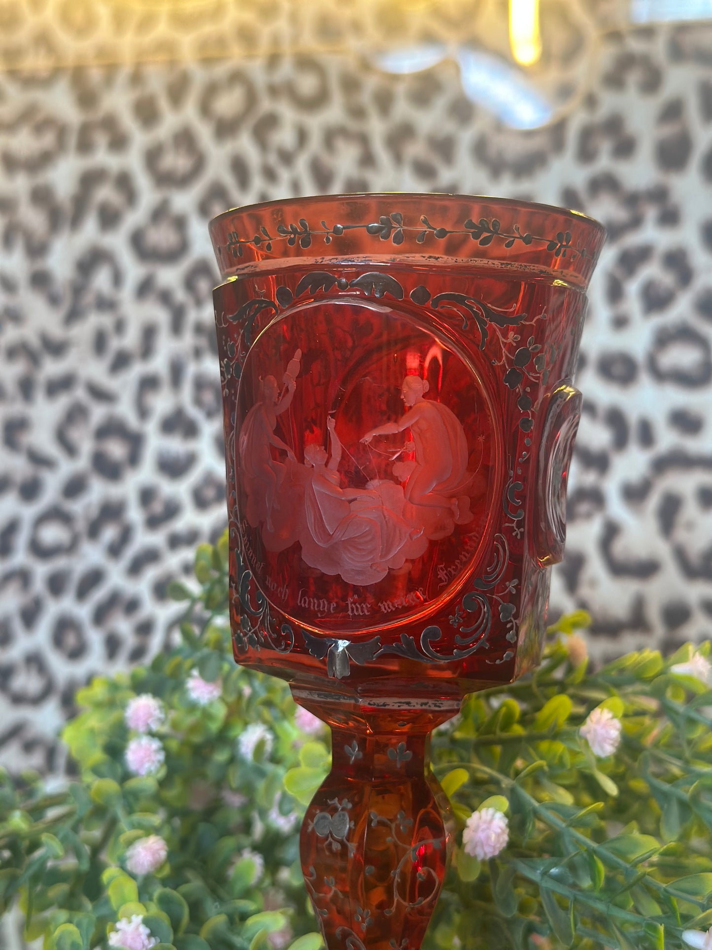 Red Goblet with Black Detailing and Pictorial Scene (disclaimer chips)