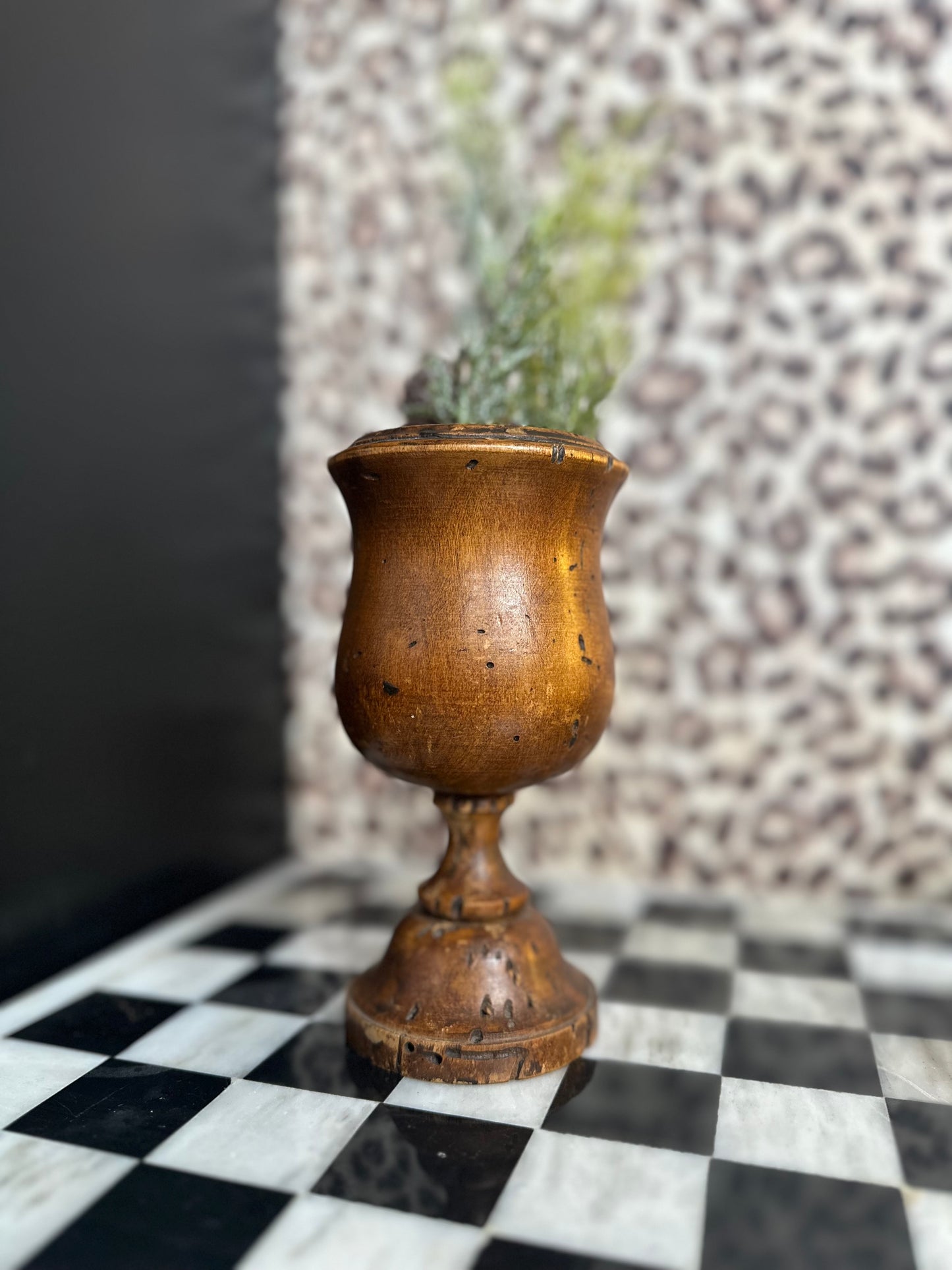 Italian Turned Wood Mortar/Chalice – Aged Patina & Insect Wear