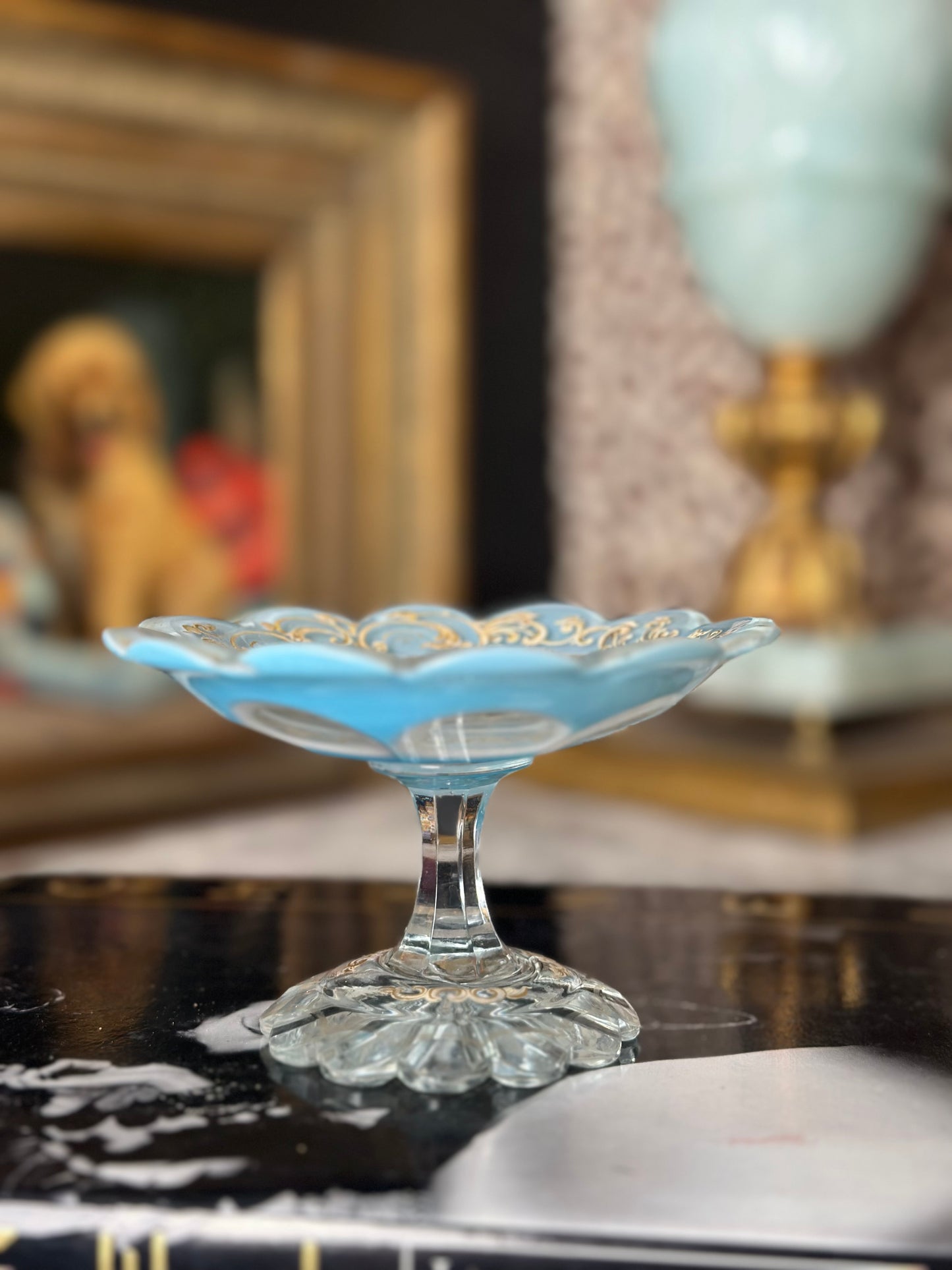 Light Blue Crystal Mini Compote with Gold Detail * disclaimer chips