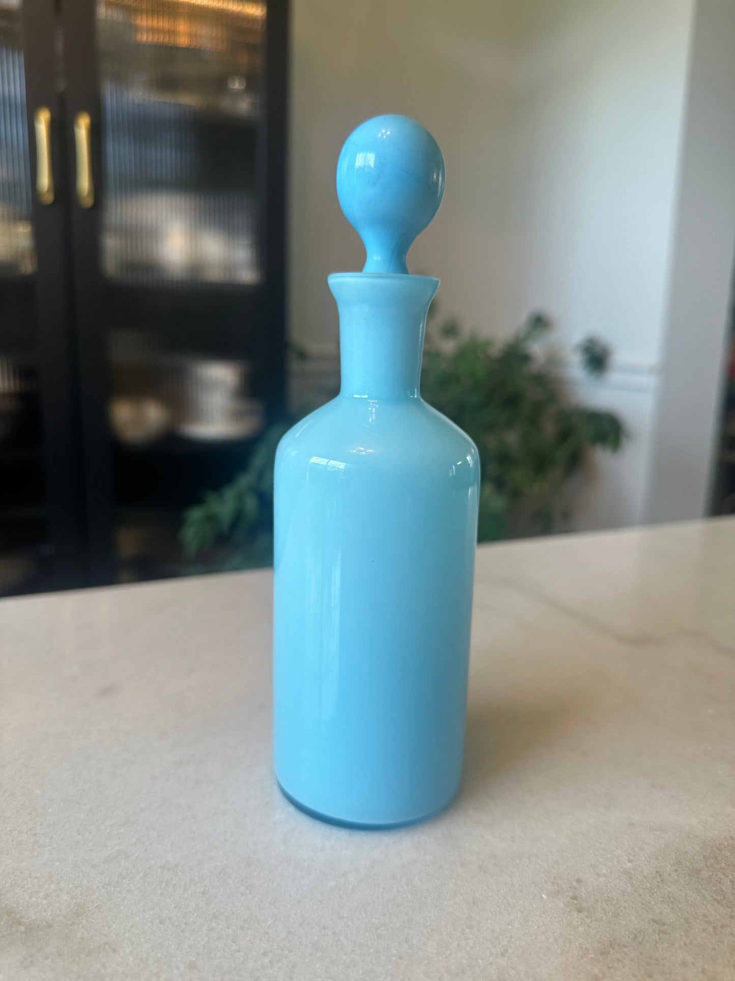 Tall Blue Opaline Dresser Bottle with Original Stopper, 7.75 Inches