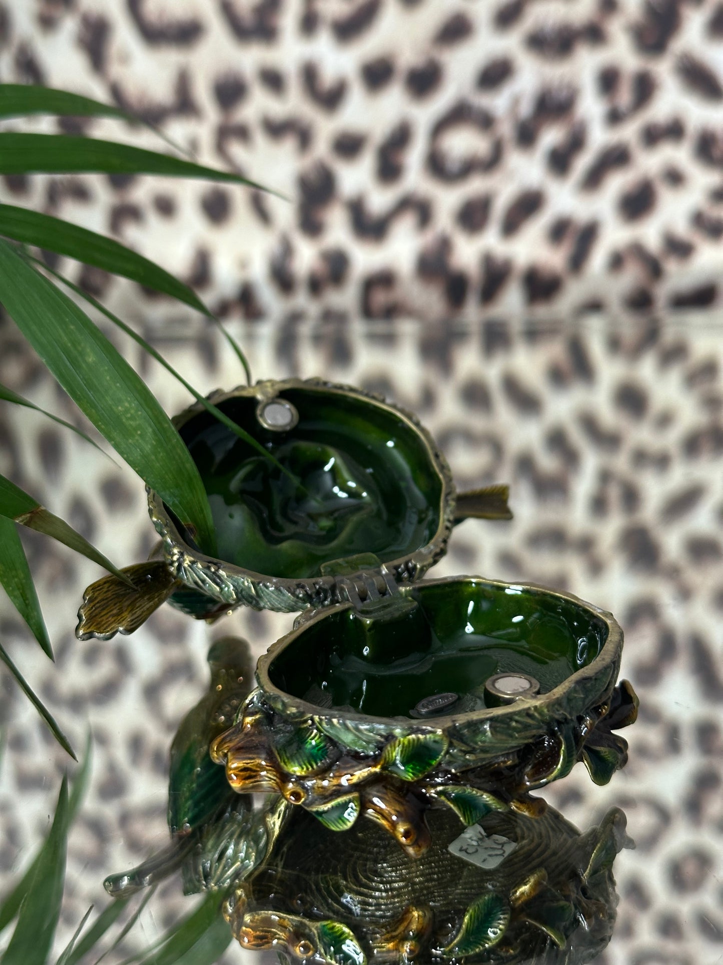 Dark Green Birds on Nest Trinket Dish with Adornments
