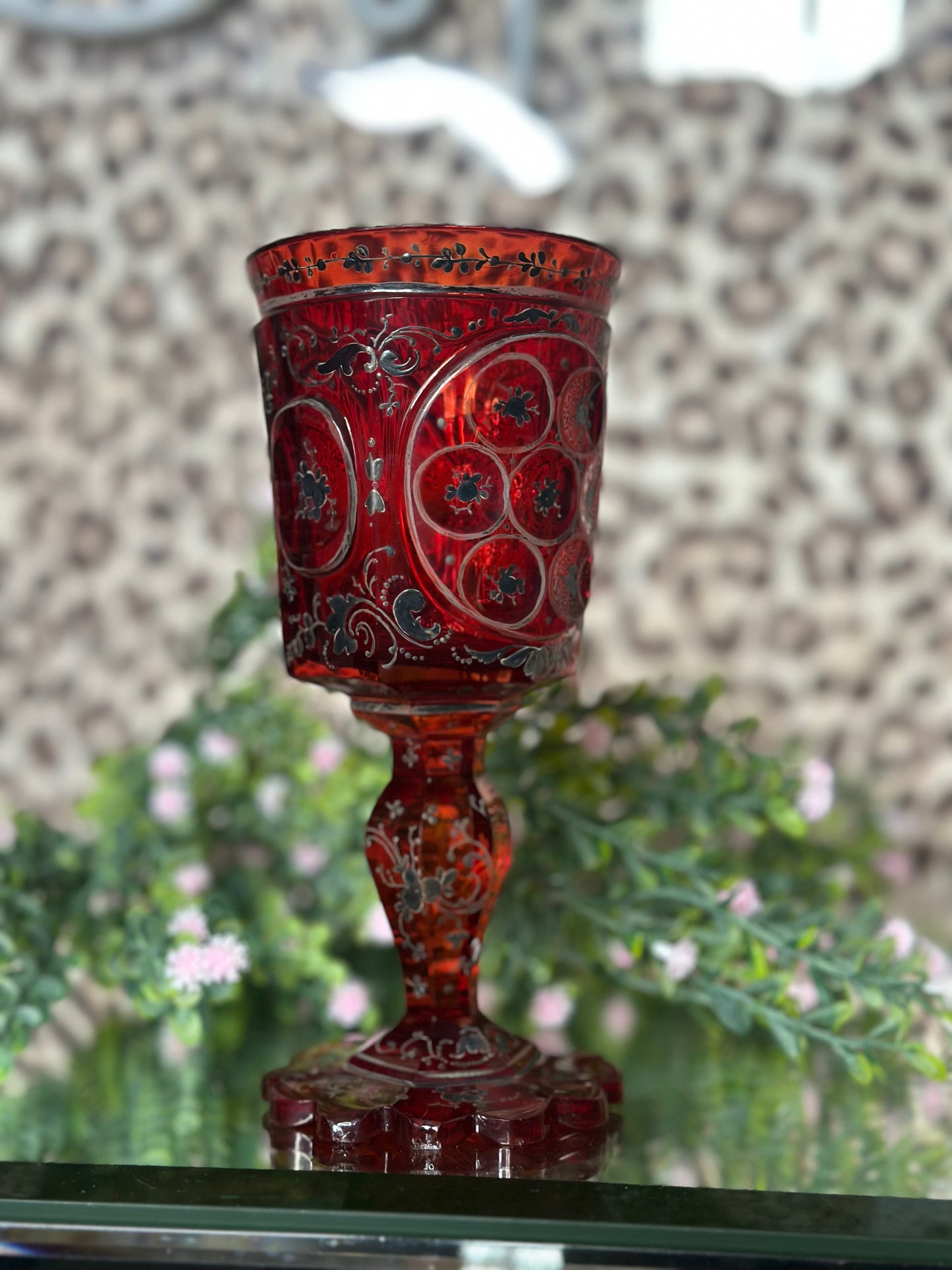 Red Goblet with Black Detailing and Pictorial Scene (disclaimer chips)