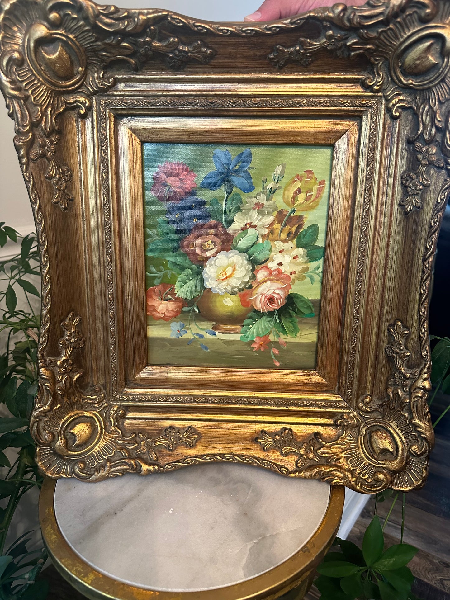 Vintage Floral Painting on Board in Gold Gilt Frame