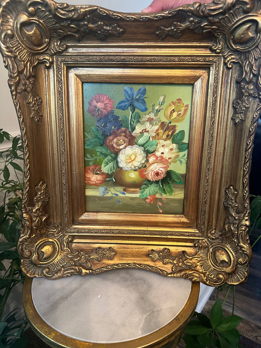 Vintage Floral Painting on Board in Gold Gilt Frame