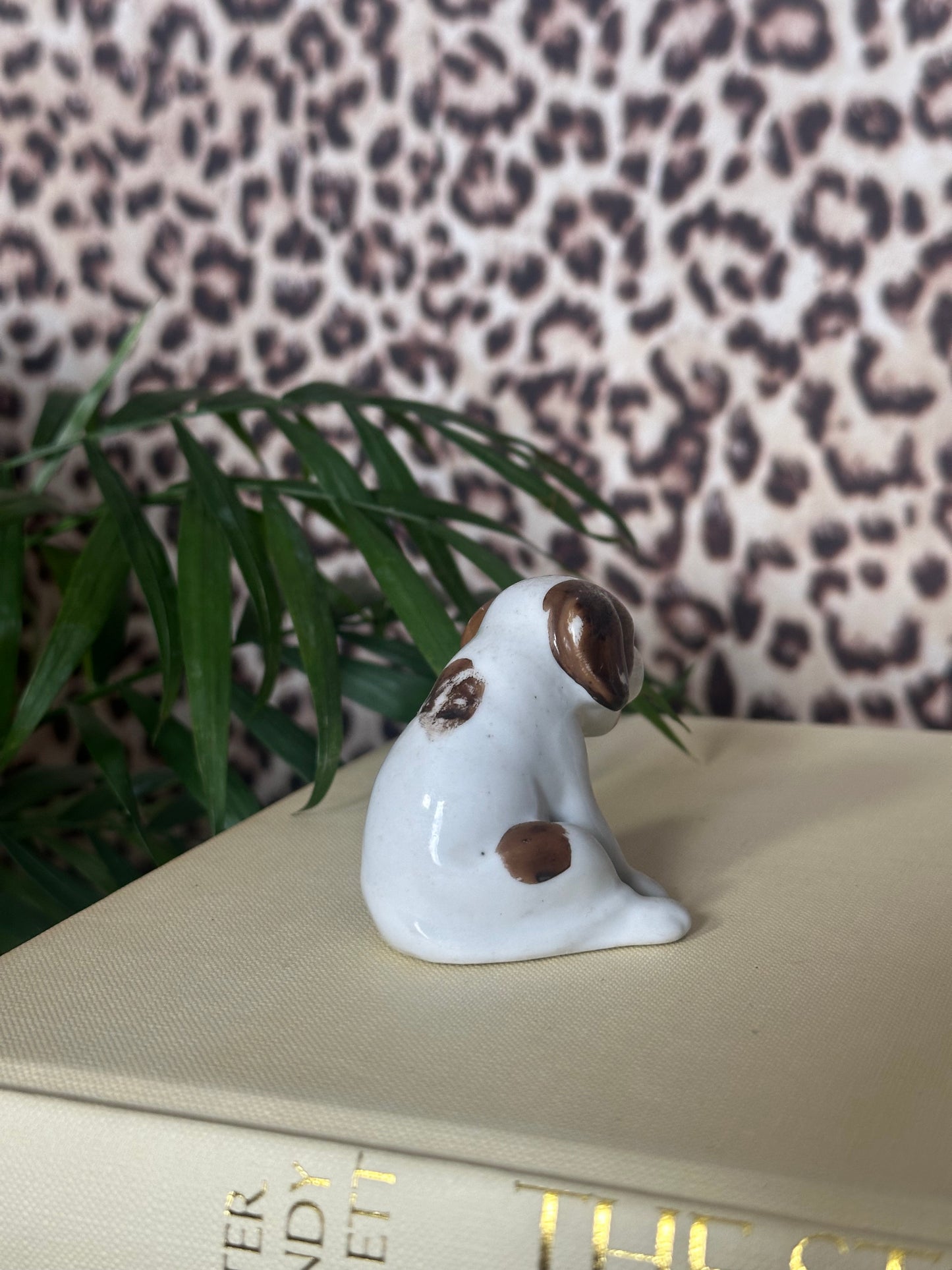 White and Brown Mini Porcelain Puppy - Made in Japan