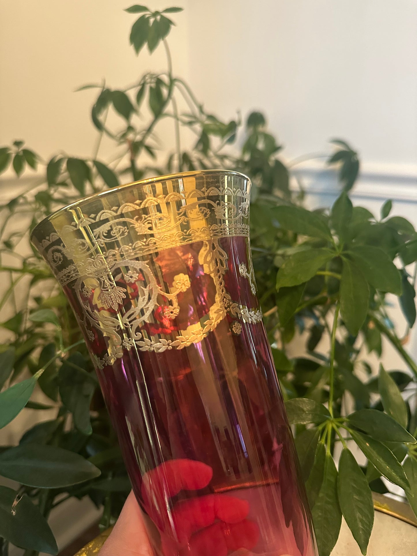 Cranberry Bohemian Glass Vase with Hand-Applied Gold Scrollwork