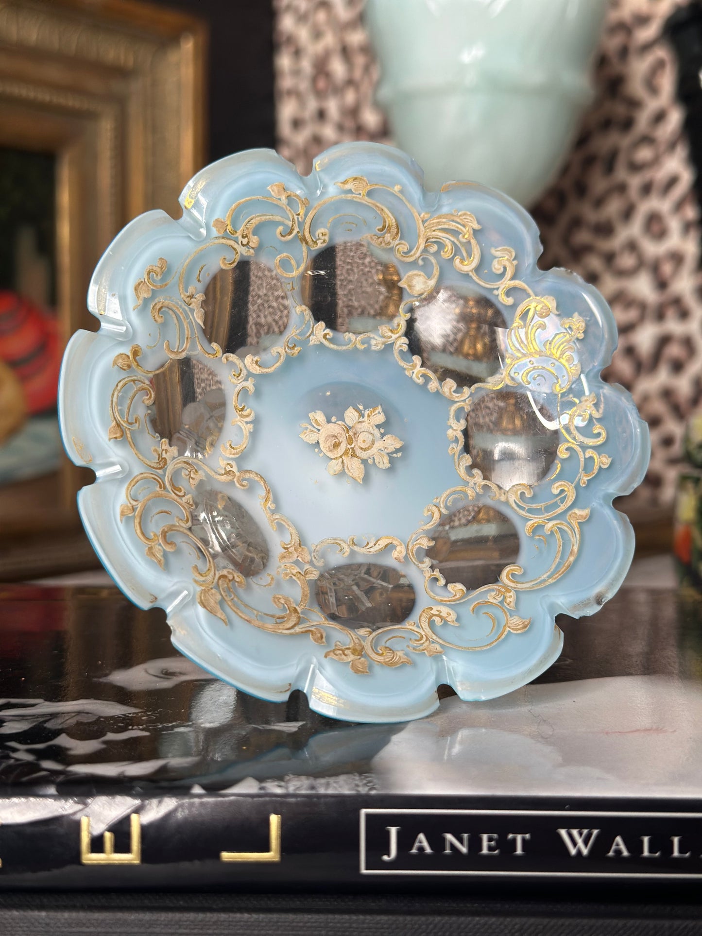 Light Blue Crystal Mini Compote with Gold Detail * disclaimer chips