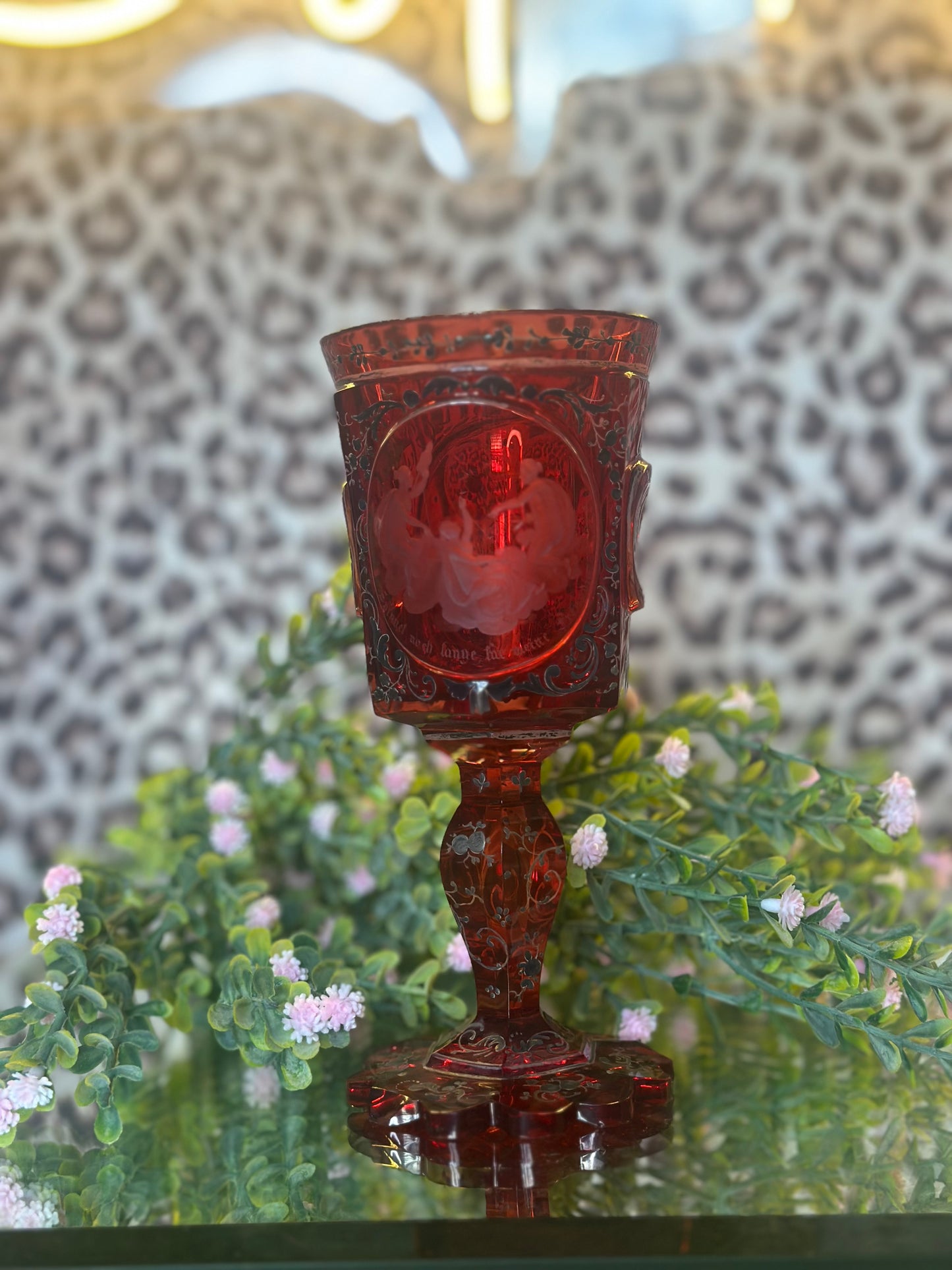 Red Goblet with Black Detailing and Pictorial Scene (disclaimer chips)