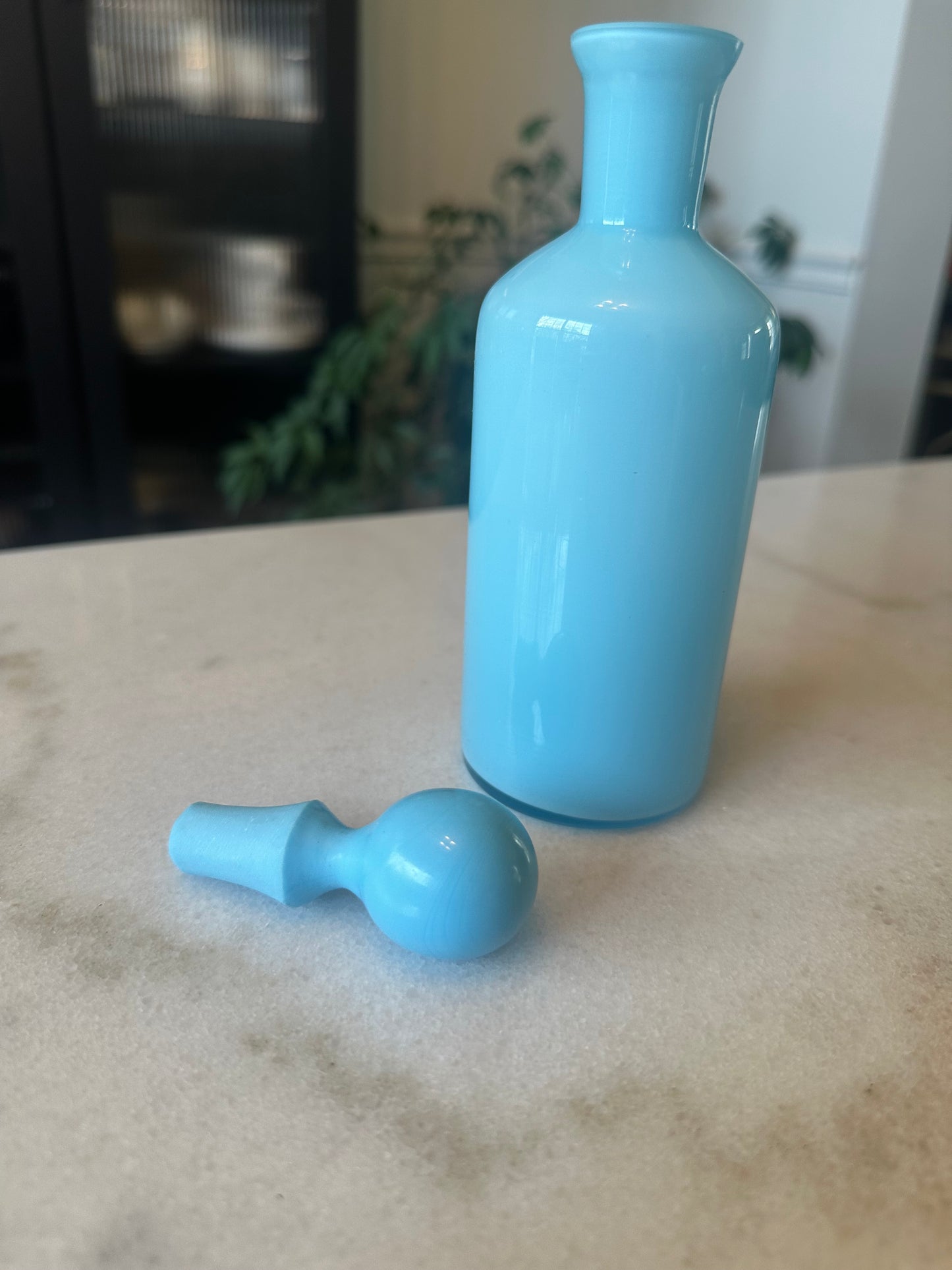 Tall Blue Opaline Dresser Bottle with Original Stopper, 7.75 Inches