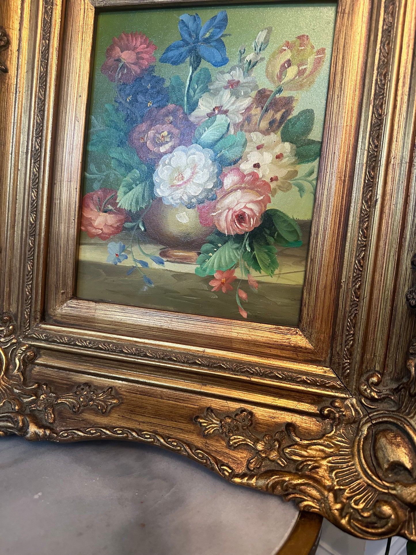Vintage Floral Painting on Board in Gold Gilt Frame