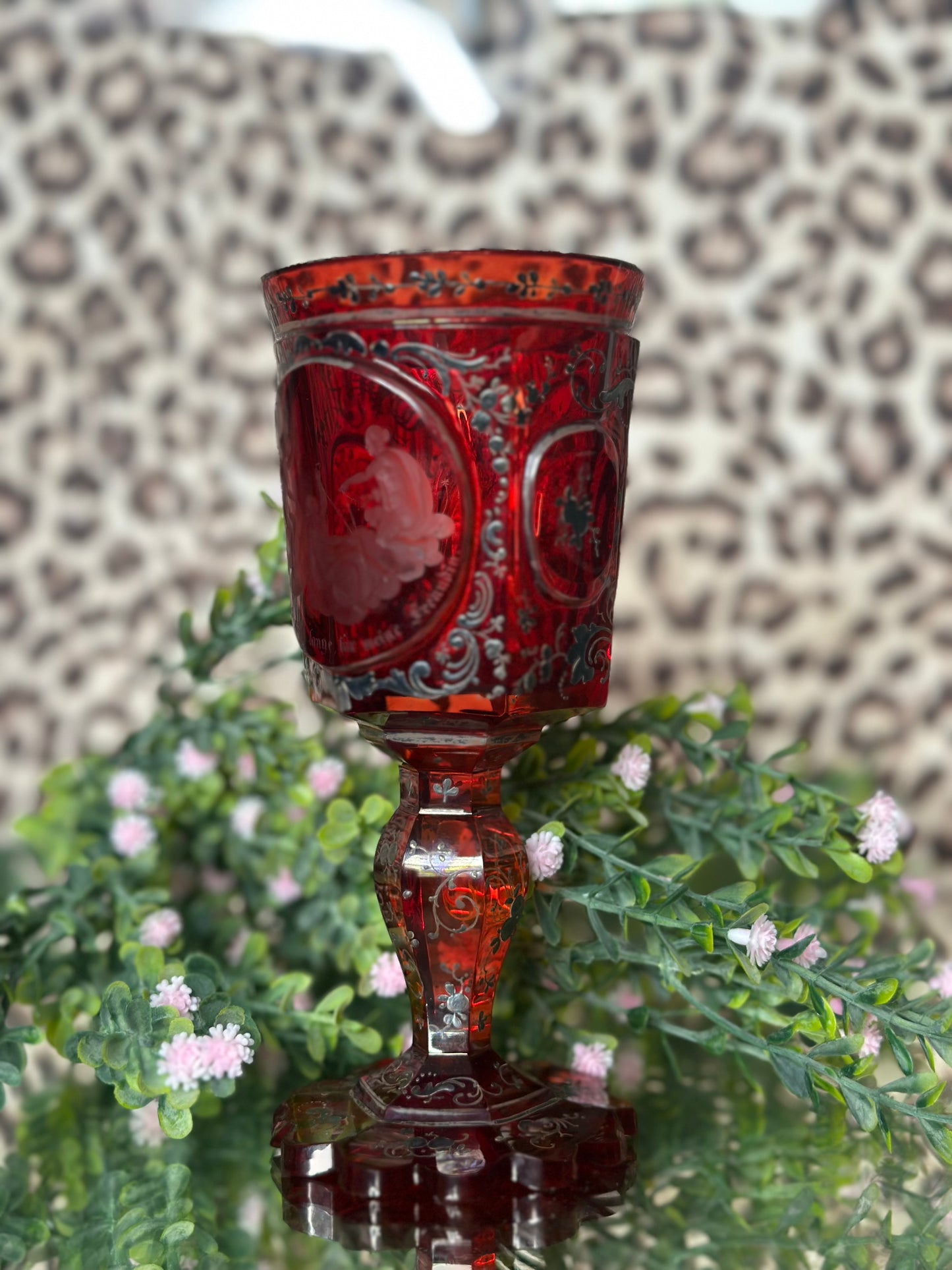Red Goblet with Black Detailing and Pictorial Scene (disclaimer chips)