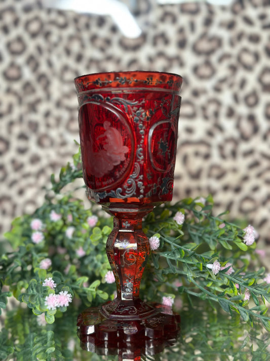 Red Goblet with Black Detailing and Pictorial Scene (disclaimer chips)