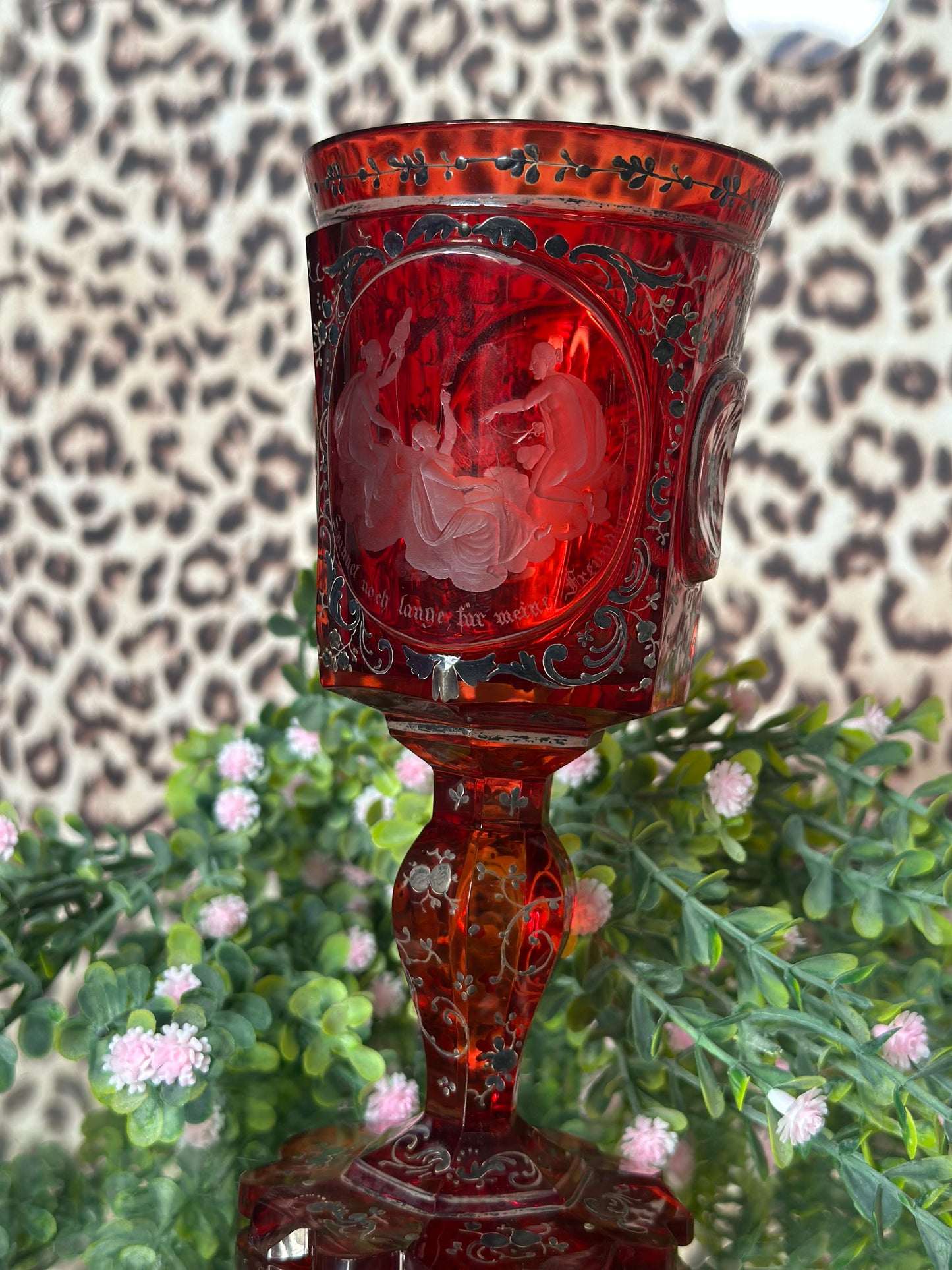Red Goblet with Black Detailing and Pictorial Scene (disclaimer chips)