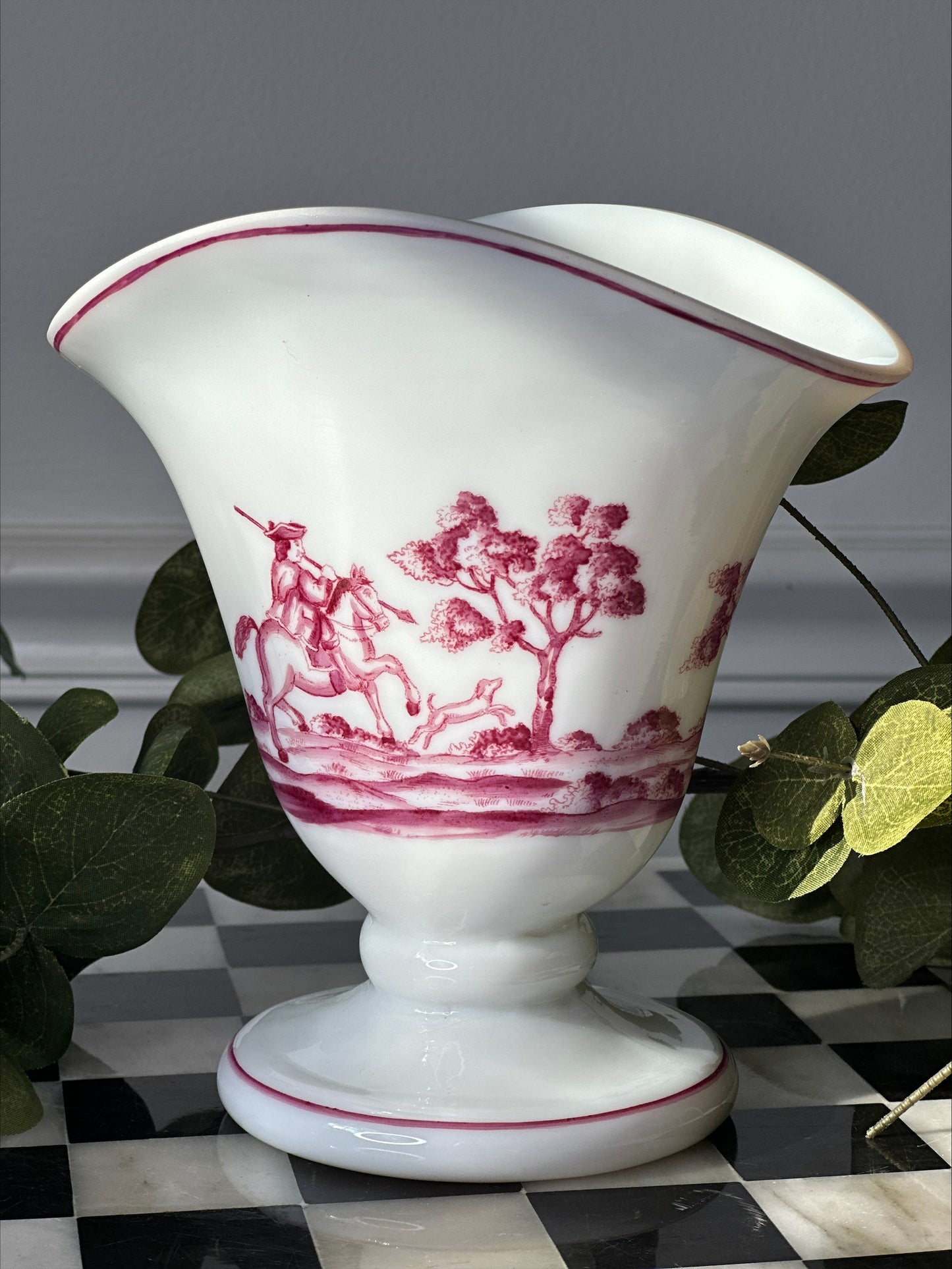 Antique French Opaline Glass Vase White w/ Mulberry Hunting Scenes